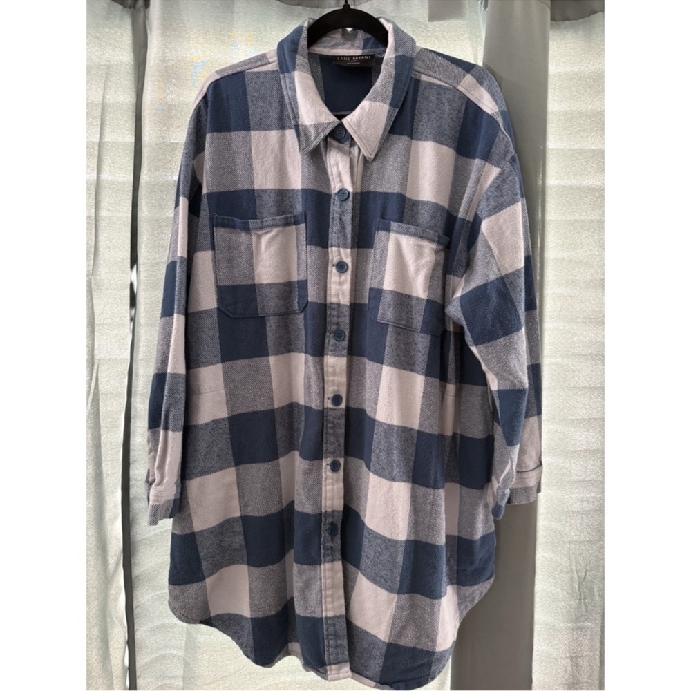 Lane Bryant Plaid Flannel Oversized Long Sleeve Shirt Women 22/24 Blue White